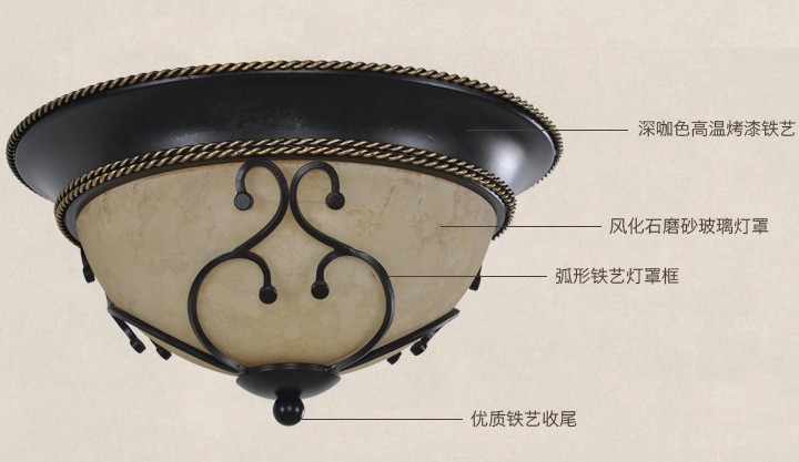 美式圆形喷漆磨砂工艺,美然灯饰铁艺厨卫吸顶灯,型号: M1044-2QA